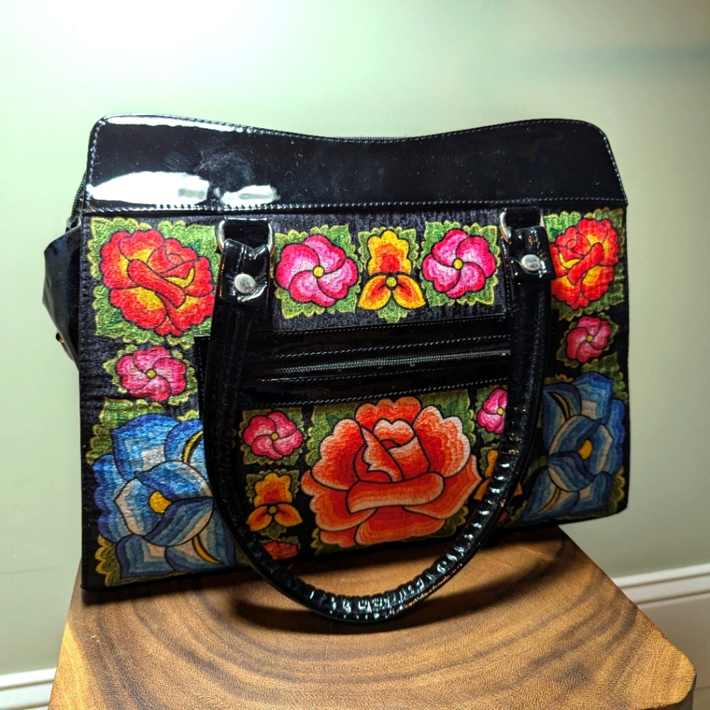 ARTE PIEL HAND BAG Leather & Fabric Double Handle Floral Large Purse/Tote Bag